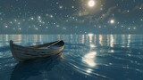 Under a canopy of countless moons, a solitary rowboat glides gracefully across a tranquil sea, its wake trailing behind like a ribbon of silver.

