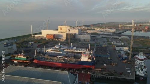 Aerial view of industrial shipyard during sunset, Harlingen, Netherlands