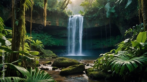 Beautiful waterfall in the forest. Waterfall in the jungle.