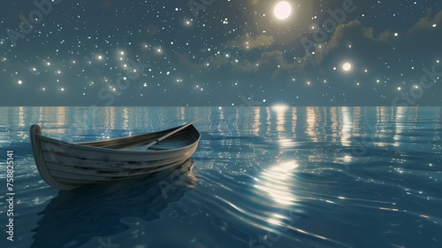 Under a canopy of countless moons, a solitary rowboat glides gracefully across a tranquil sea, its wake trailing behind like a ribbon of silver.