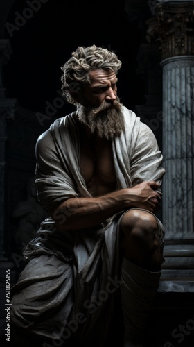 Mysterious ancient greek, roman male stoic statue, sculpture in dramatic lighting, shadows highlighting the impressive muscular build and classical beauty.  © MiniMaxi