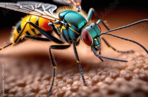 Insect sits on surface,malaria mosquito,transparent wings,colorful beetle coloring photo