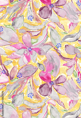 Antique surface floral seamless allover Pattern design, multicolor flowers with multicolor watercolor background texture.