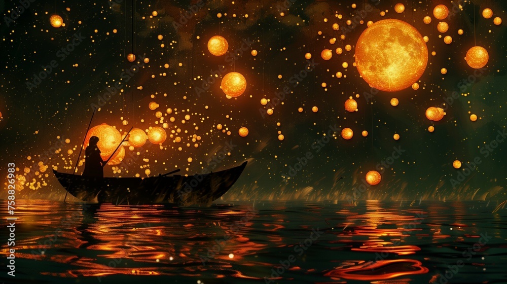 In the embrace of a star-strewn sky, a solitary figure rows his boat through a sea illuminated by a multitude of radiant moons.


