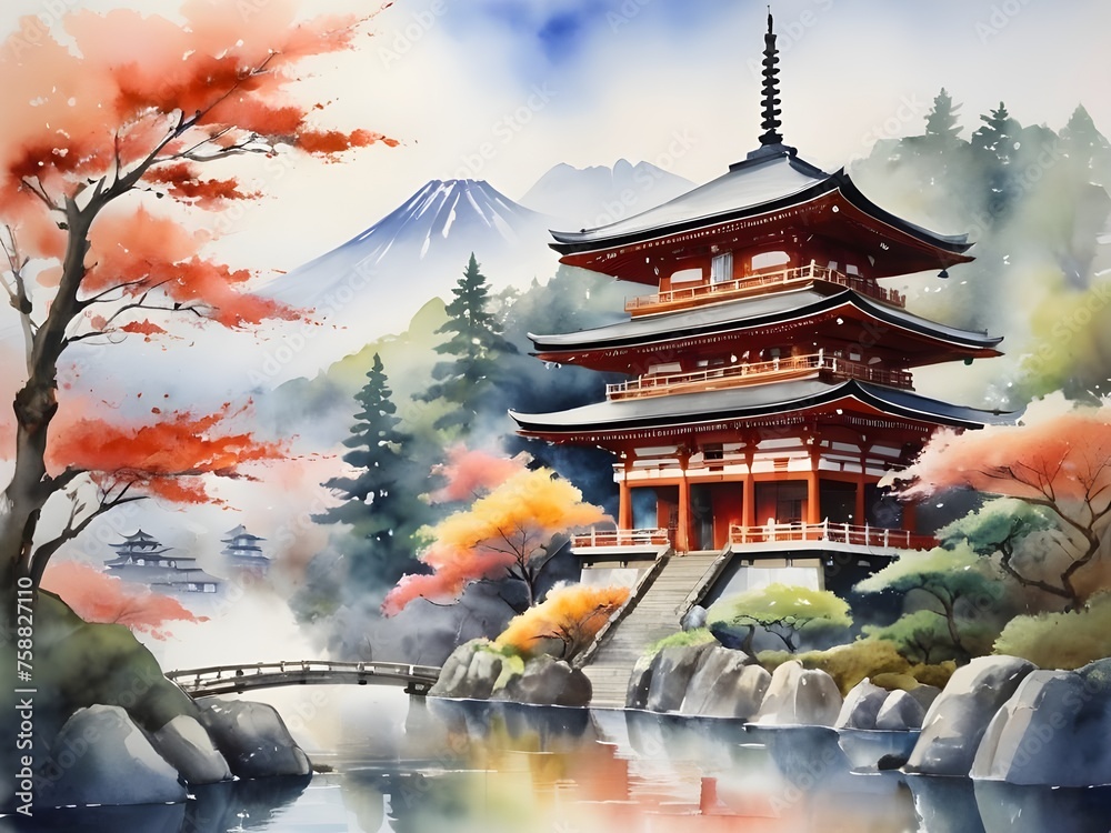 A beautiful watercolor painting of a Japanese temple.	