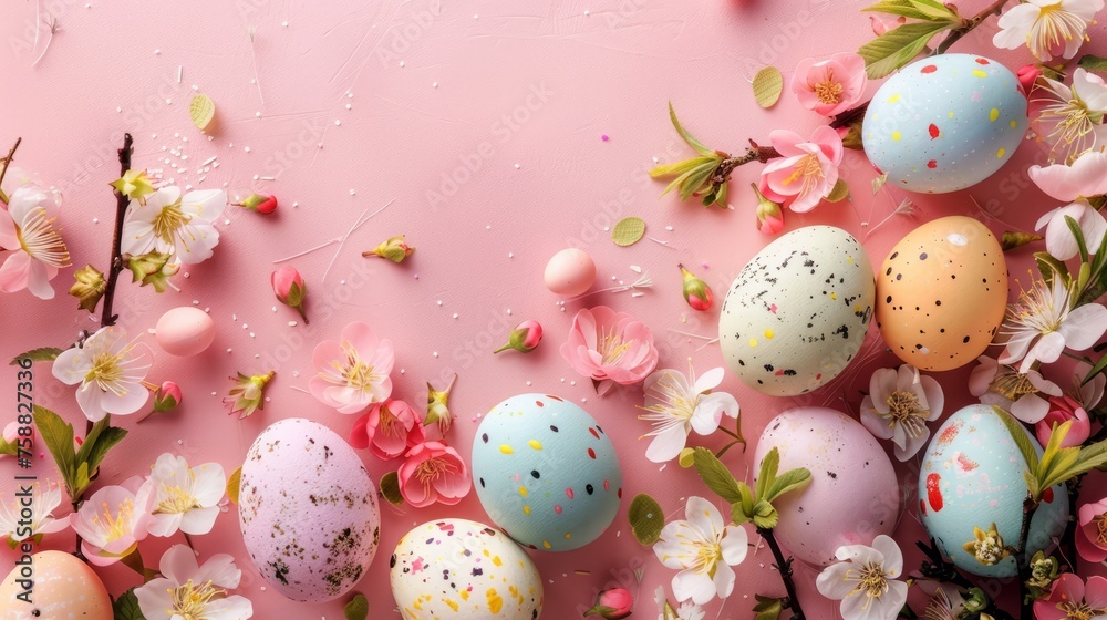 Easter eggs and flowers on pink background