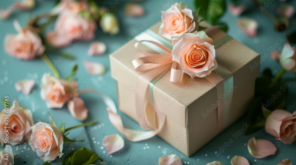Elegant present gift box with satin ribbon and pastel color fresh roses on table. Greeting card for celebration, birthday, women, mothers, Valentines day Elegant present gift box with satin ribbon and pastel color fresh roses on table. Greeting card for celebration, birthday, women, mothers, Valentines day