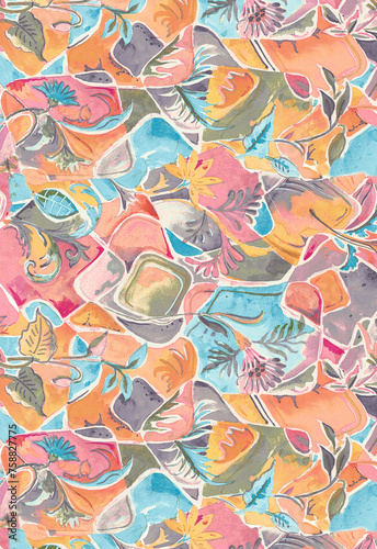 Antique surface floral seamless allover Pattern design, multicolor flowers with multicolor watercolor background texture.