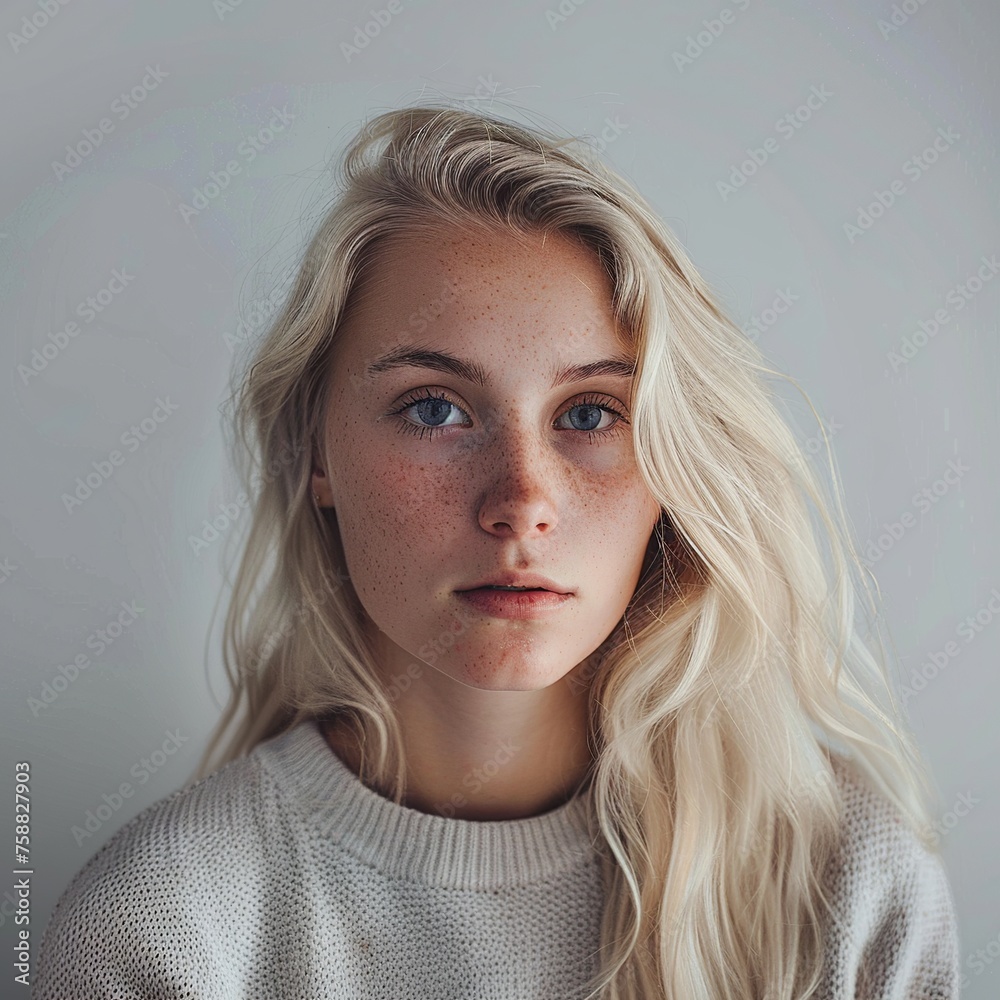 Captivating skincare portrait of a 20-year-old fair-skinned European model, featuring blond hair against a soft backdrop, enhanced with a luminous filter effect and ambient studio lighting, all render Captivating skincare portrait of a 20-year-old fair-skinned European model, featuring blond hair against a soft backdrop, enhanced with a luminous filter effect and ambient studio lighting, all render
