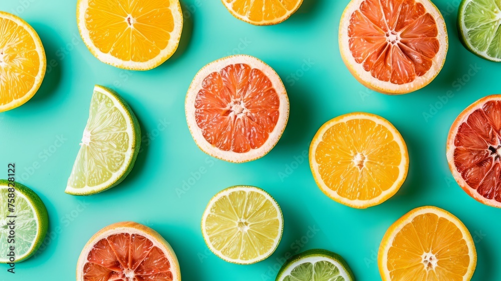 Obraz premium Fresh citrus fruit slices arranged on turquoise background, top view photo