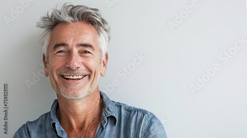 Handsome Charming old middle age man guy smiling with wrinkle clean and delightful  mood photo