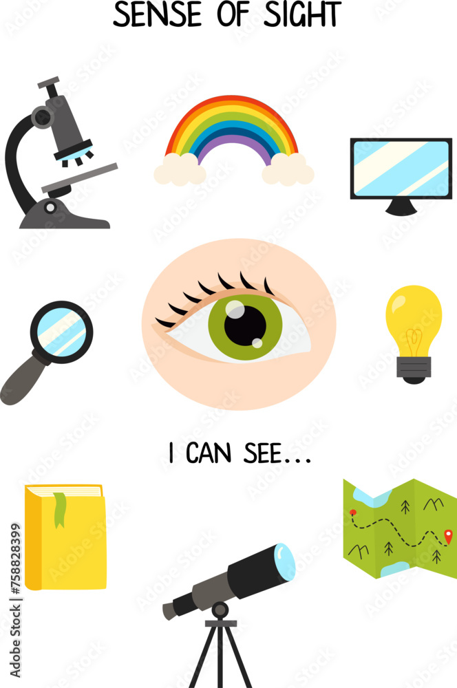 Five senses poster. Sense of sight. Worksheet for kids. Stock Vector ...