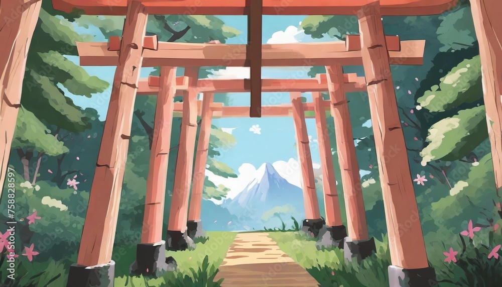 torii forest day anime background illustration