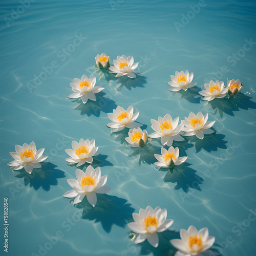 A peaceful and serene image depicting multiple white water lilies scattered evenly on a calm blue water surface, conveying a sense of tranquility and purity. Minimal concept. © Frau Darling