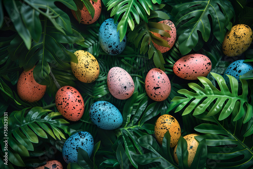 Creative Easter nature background. Green tropical palm leaves with Easter eggs. Minimal spring abstract jungle or forest composition. Contemporary style. photo