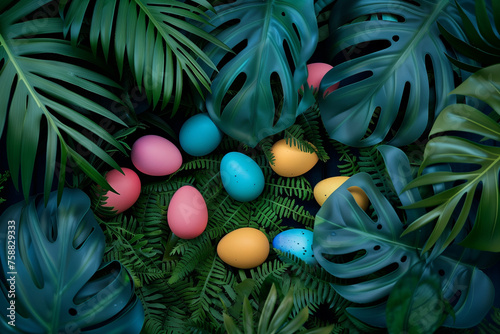 Creative Easter nature background. Green tropical palm leaves with Easter eggs. Minimal spring abstract jungle or forest composition. Contemporary style. photo