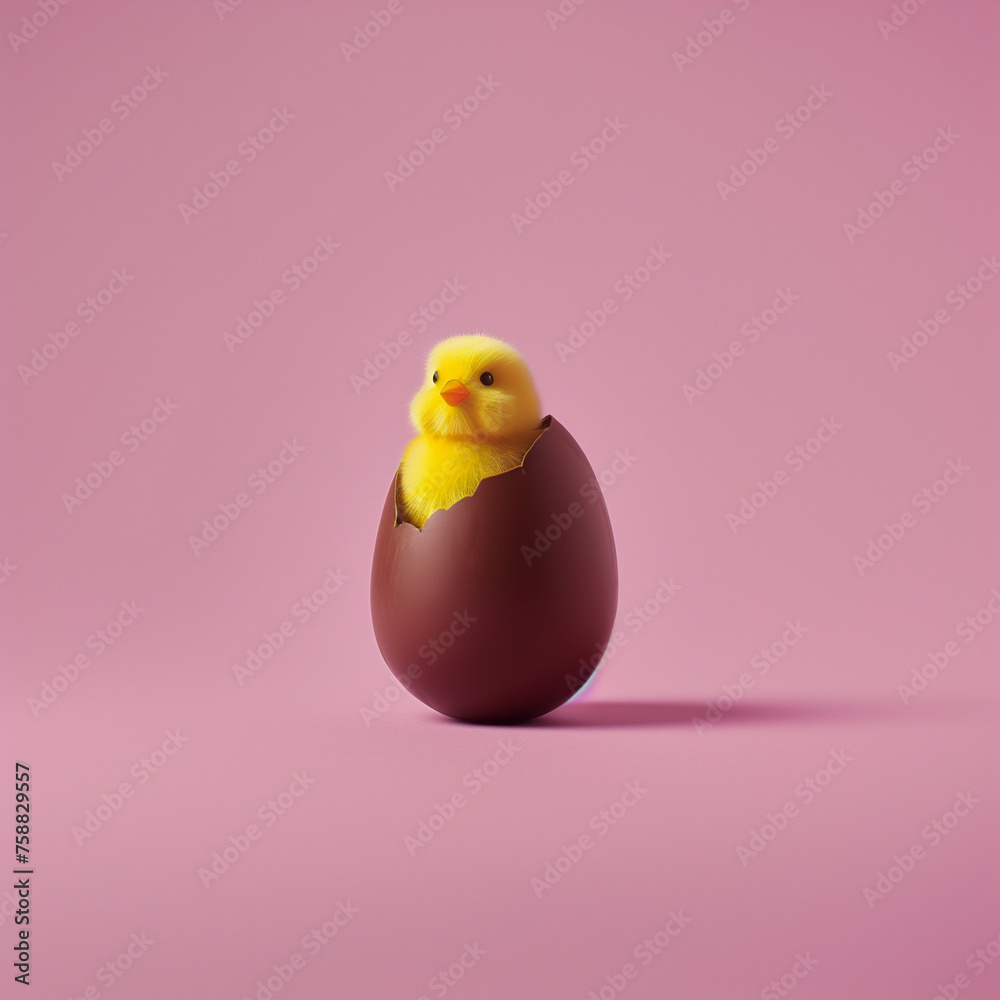 Chick hatched out of chocolate Easter egg on pastel pink background. Minimal holiday concept. Chick hatched out of chocolate Easter egg on pastel pink background. Minimal holiday concept.