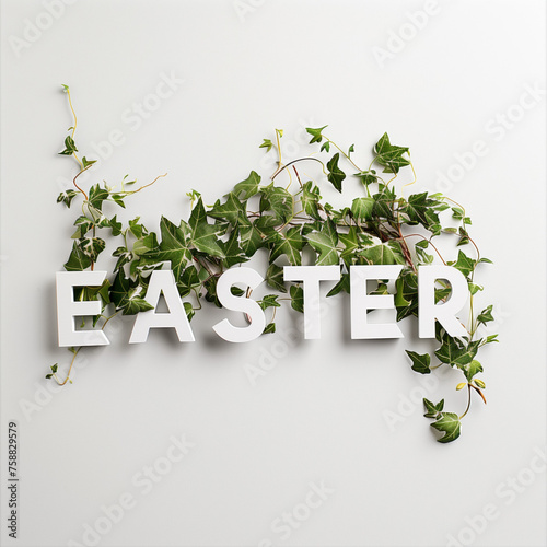 Creative arrangement made with green vine leaves on bright background with Easter word. Minimal Easter idea. Spring concept. photo