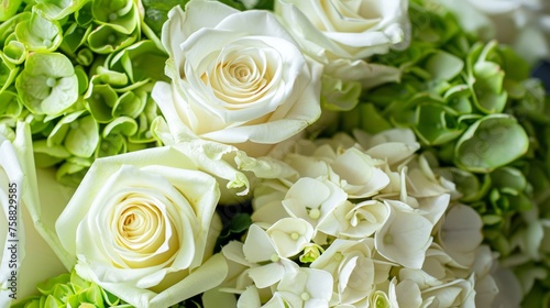 Gorgeous bouquet of white roses and green hydrangeas. Floral background. A romantic gift to your beloved people