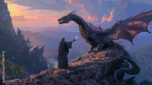 In a mystical landscape bathed in the soft glow of twilight  a wizard extends his hand towards his majestic dragon companion perched atop a rugged rock formation.   