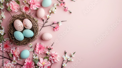 Happy Easter background with eggs in nest, spring flowers and copy space. Flat lay. Greeting card