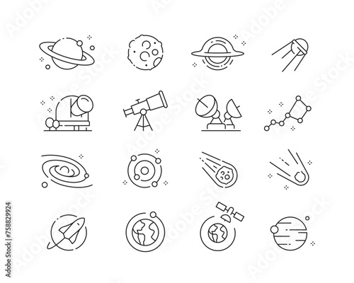 Universe, Space, and Astronomy Icon collection containing 16 editable stroke icons. Perfect for logos, stats and infographics. Edit the thickness of the line in any vector capable app.