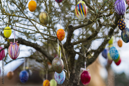Colorful easter eggs hanging in an olive tree
