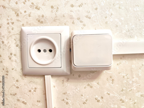 Close-up of a socket and switch on a decorative wall. European Wall Socket and Switch on a Patterned Background