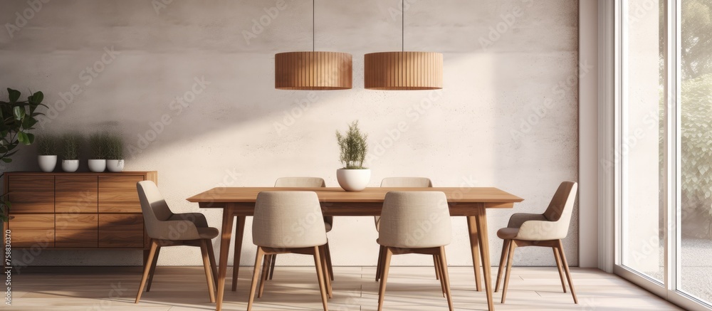 Modern dining room interior featuring an elegant wooden table, chic chairs, and stylish decor elements. Template for home design.