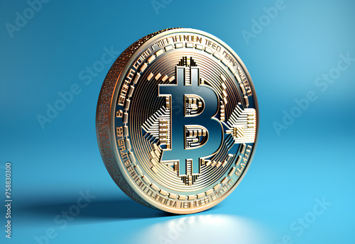 3d rendering of a Bitcoin on a blue background, photorealistic rendering.