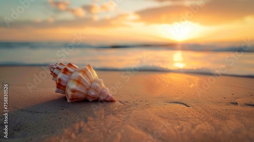 One seashell shell lies on the sandy shore of the sea or ocean at sunset of the day