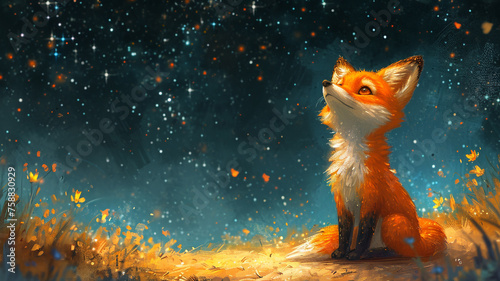 A little fox looking up at a star filled sky photo