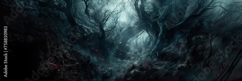 Dark and mysterious forest shrouded in an eerie mist, where sunlight struggles to penetrate 