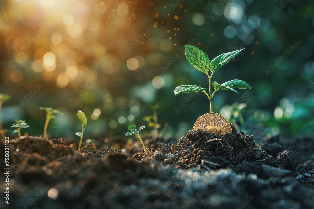 A small sprout plant is growing on a coin in the dirt with. Crypto currency and business growth and revenue concept. - obrazy, fototapety, plakaty 