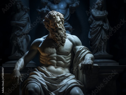 Mysterious ancient greek, roman male stoic statue, sculpture in dramatic lighting, shadows highlighting the impressive muscular build and classical beauty. 