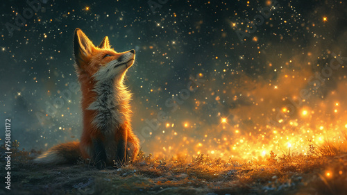 A little fox looking up at a star filled sky © amirhamzaaa