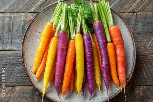 fresh yellow, orange, purple carrot in white plate on wooden background, top view