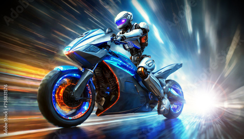 Bottom view and side view of a humanoid robot riding a futuristic high speed motorbike against an abstract image with motion blur. Generative Ai. © Alberto Masnovo