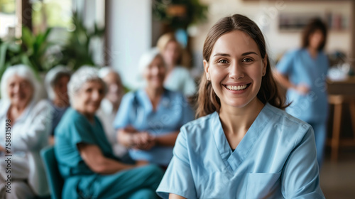 A nurse woman caregiver in a medical gown stands in a nursing home against the backdrop of a group of elderly people