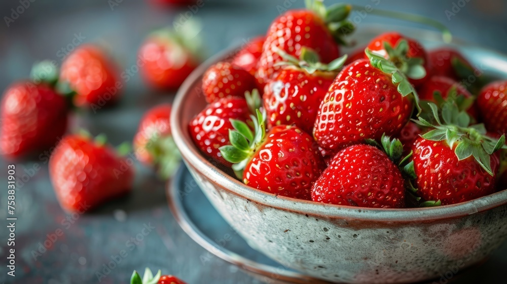 Ripe sweet strawberries in a bowl. Macro of fresh organic berries. Fruit background. Food ecology and agriculture