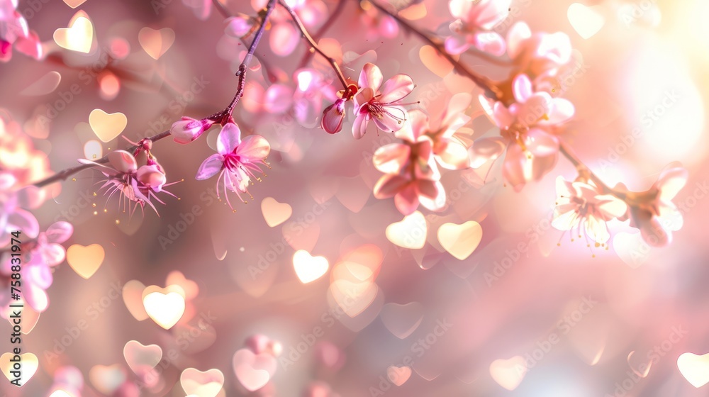 Romantic background in pink tones with glowing hearts and flowering branch, Valentine's day backdrop, horizontal luxury glamour wedding card, bokeh effect