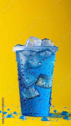 Blue liquid in transparent plastic cup, blue liquid with ice and lemon inside, amzing blue texture in the cup, Blue Ombre Background.