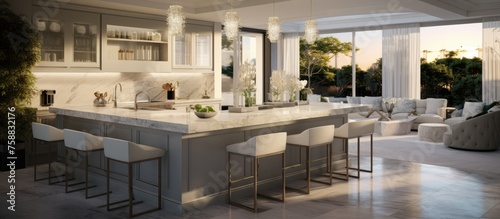 Spacious luxury featuring marble countertops and bar seating