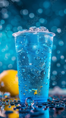 Blue liquid in transparent plastic cup, blue liquid with ice and lemon inside, amzing blue texture in the cup, Blue Ombre Background. photo
