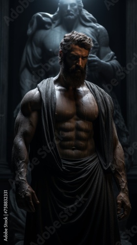Mysterious ancient greek  roman male stoic statue  sculpture in dramatic lighting  shadows highlighting the impressive muscular build and classical beauty. 