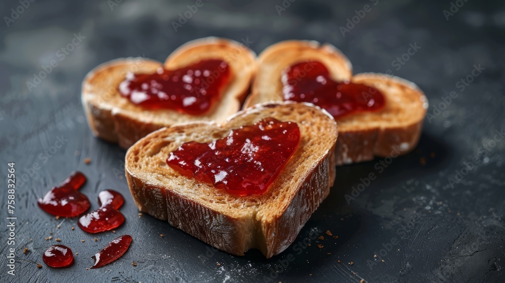 Slices of bread with jam in the shape of a heart on a dark background Slices of bread with jam in the shape of a heart on a dark background