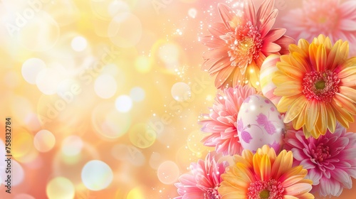 Spring and Easter holiday greeting card concept with flowers and eggs. Banner © vannet