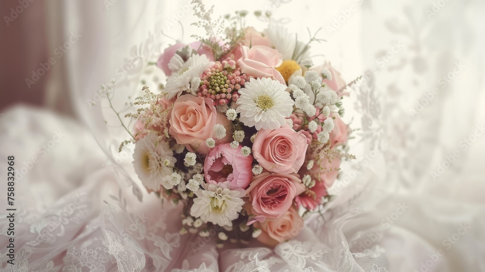 Spring flower bouquet over light background with copy space. Bridal bouquet, online blog header Spring flower bouquet over light background with copy space. Bridal bouquet, online blog header