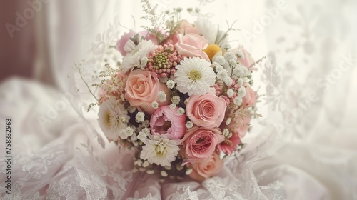 Spring flower bouquet over light background with copy space. Bridal bouquet  online blog header