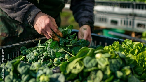 A person carefully selects fresh spinach leaves from a bin at a local market